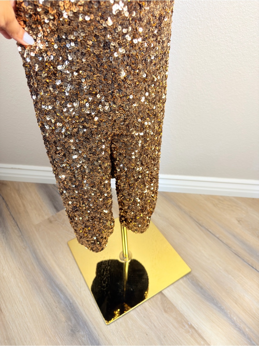 NWT Dress the Population Gold Sequin Midi Dress w Side Slit and Short Sleeves, L - Picture 7 of 13